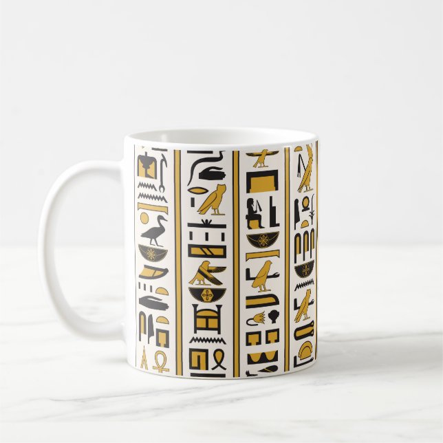 Egyptian Hieroglyphs: Yellow-Black Seamless. Coffee Mug (Left)
