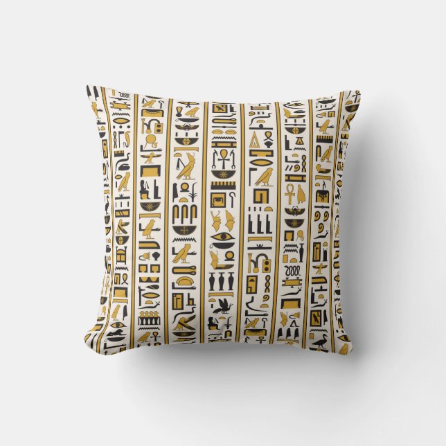 Egyptian Hieroglyphs: Yellow-Black Seamless. Cushion (Front)