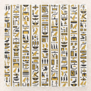 Egyptian Hieroglyphs: Yellow-Black Seamless. Glass Coaster