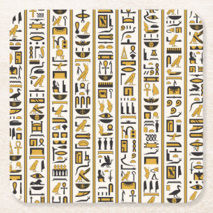 Egyptian Hieroglyphs: Yellow-Black Seamless. Square Paper Coaster