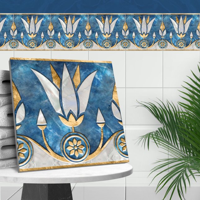 Egyptian Lotus Border - Blue Marble, Pearl Gold Ceramic Tile (Creator Uploaded)