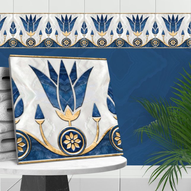 Egyptian Lotus Border - Blue Marble, Pearl Gold Ceramic Tile (Creator Uploaded)