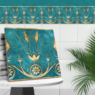 Egyptian Lotus Border - Turquoise Marble and Gold Ceramic Tile