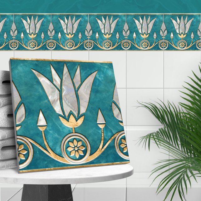 Egyptian Lotus Border - Turquoise Pearl and Gold Ceramic Tile (Creator Uploaded)