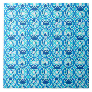 Egyptian Lotus pattern, cobalt and turquoise Ceramic Tile