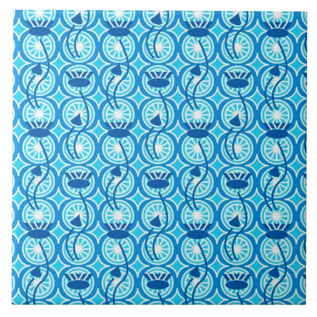 Egyptian Lotus pattern, cobalt and turquoise Ceramic Tile (Front)