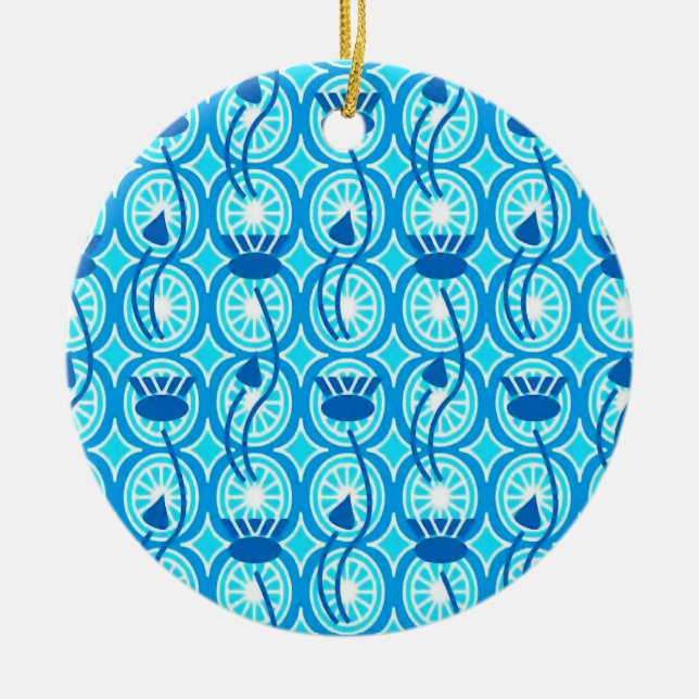 Egyptian Lotus pattern, cobalt and turquoise Ceramic Tree Decoration (Front)