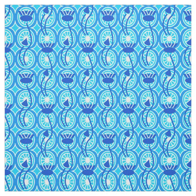 Egyptian Lotus pattern, cobalt and turquoise Fabric (Swatch)
