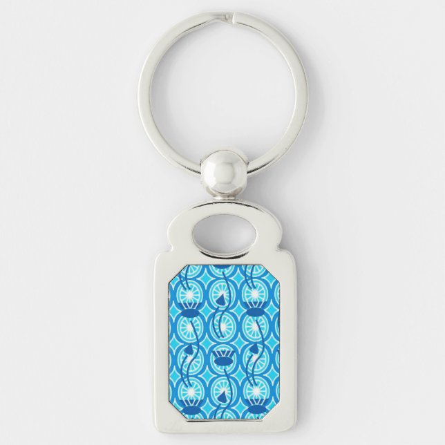 Egyptian Lotus pattern, cobalt and turquoise Key Ring (Front)