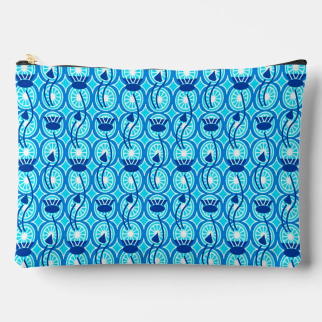  Egyptian Lotus Pattern, Cobalt Blue and Turquoise Accessory Pouch (Front)