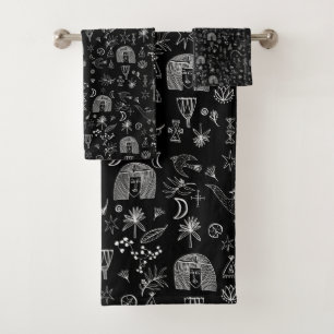 Egyptian Magic Symbolism Pattern Black WHite Bath Towel Set