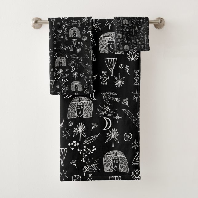Egyptian Magic Symbolism Pattern Black WHite Bath Towel Set (Insitu)