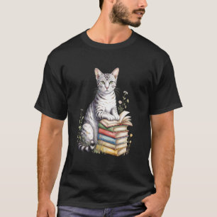 Egyptian Mau Cat Bookworm Flowers Book Reading Boo T-Shirt