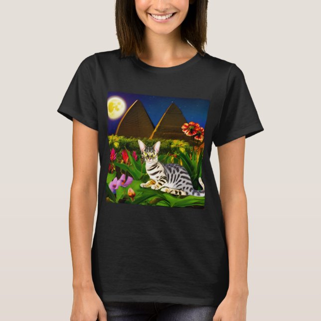 Egyptian Mau Cat in a Midnight Garden  T-Shirt (Front)