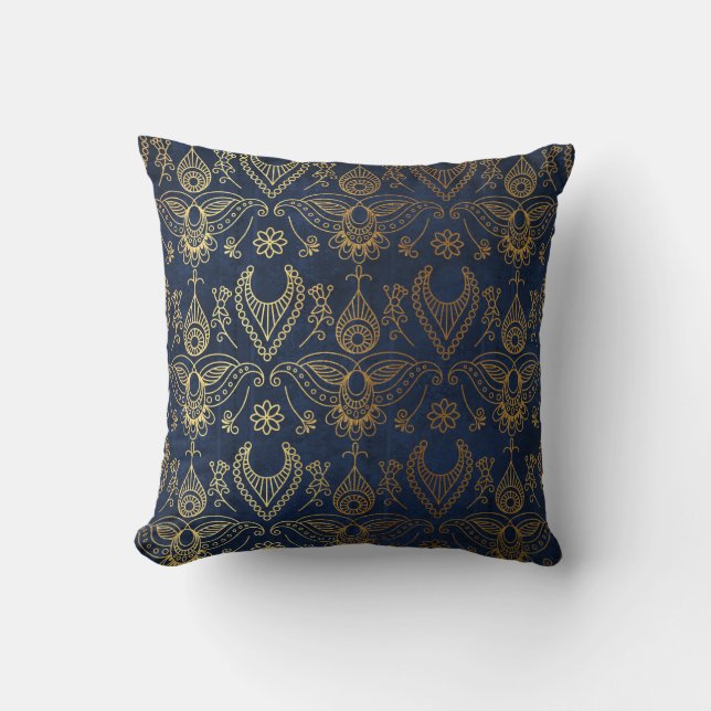 Egyptian Peacock Gold & Midnight Blue Cushion (Front)