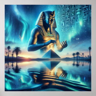 Egyptian Pharaoh with Hieroglyphs and Pyramid Poster
