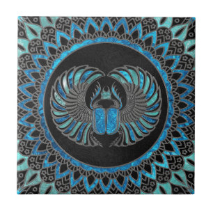 Egyptian Scarab Beetle - Gold and Blue glass Ceramic Tile