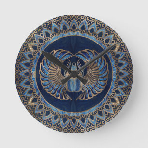 Egyptian Scarab Beetle Gold and Blue marble Round Clock