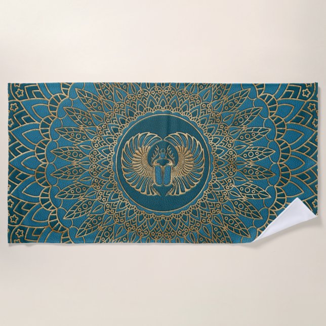 Egyptian Scarab Beetle Gold on Teal Leather Beach Towel (Front)