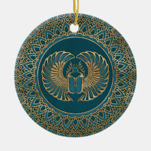 Egyptian Scarab Beetle Gold on Teal Leather Ceramic Ornament