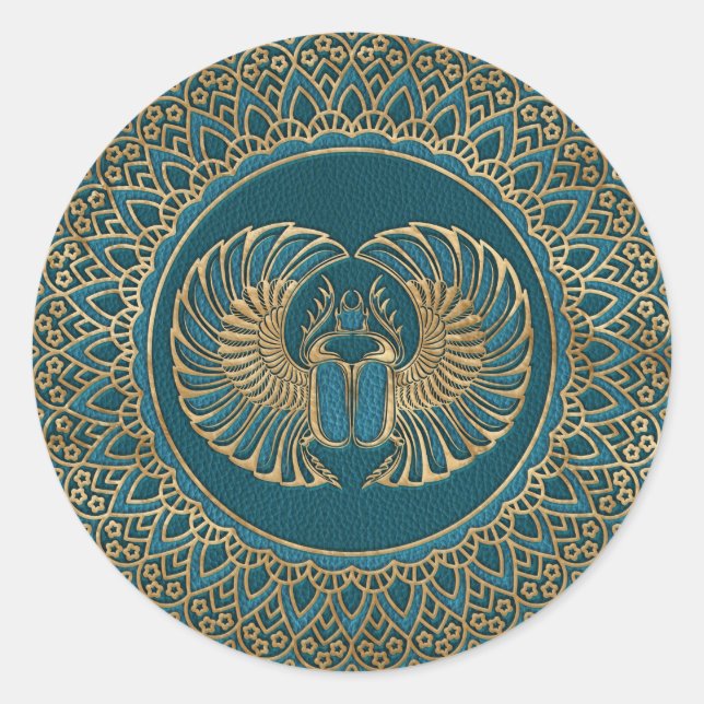 Egyptian Scarab Beetle Gold on Teal Leather Classic Round Sticker (Front)