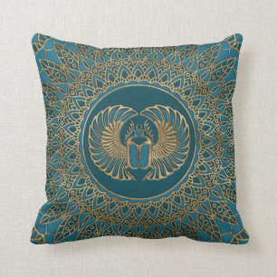 Egyptian Scarab Beetle Gold on Teal Leather Cushion