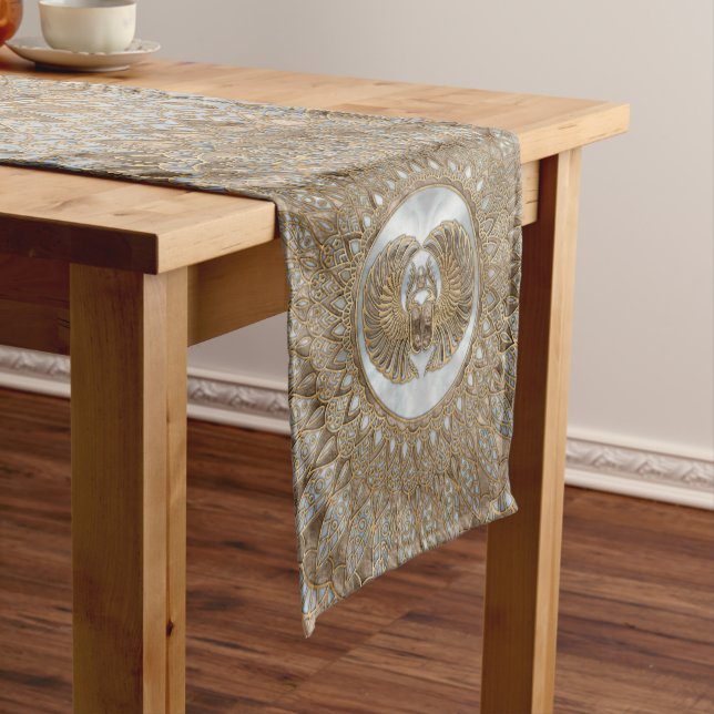 Egyptian Scarab Beetle Pastel Golds Short Table Runner (In Situ)