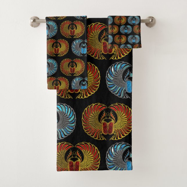 Egyptian Scarab Beetle Pattern - Gold Blue Red Bath Towel Set (Insitu)