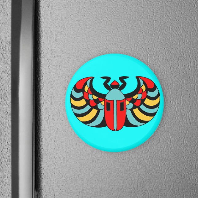 Egyptian Scarab Magnet (Abstract Scarab beetle with colourful markings on aqua blue round magnet.)