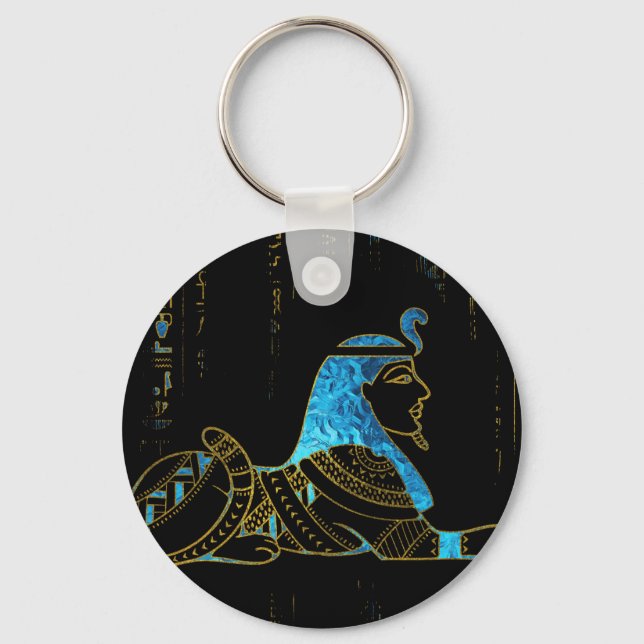 Egyptian  Sphinx on hieroglyphics Blue crystal and Key Ring (Front)