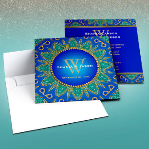 Egyptian Sun Sparkle Teal Gold Monogram Invitation