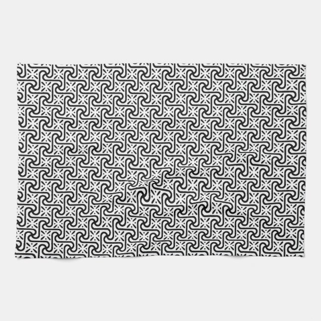 Egyptian tile pattern, black and white tea towel (Horizontal)