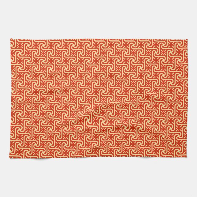Egyptian tile pattern, coral orange tea towel (Horizontal)