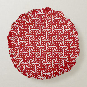 Egyptian tile pattern, dark red and white round cushion