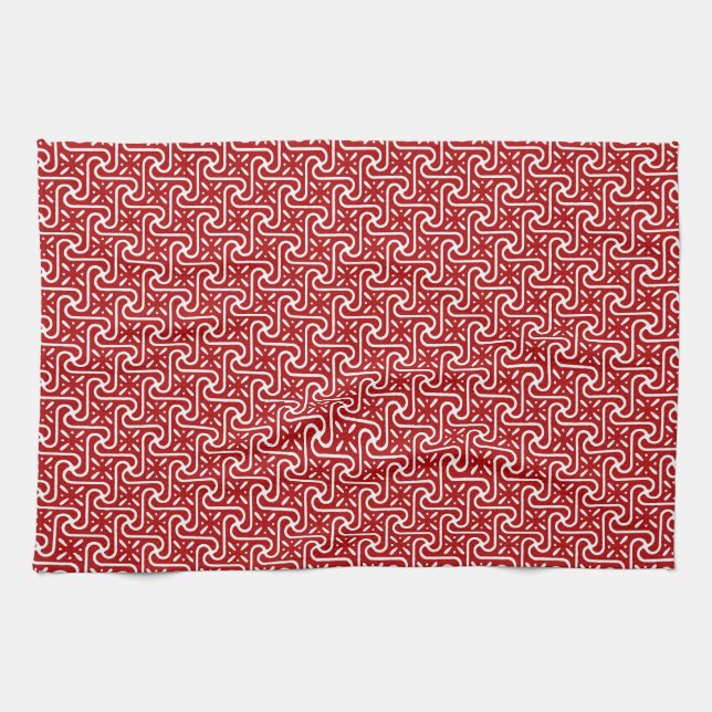 Egyptian tile pattern, dark red and white tea towel (Horizontal)
