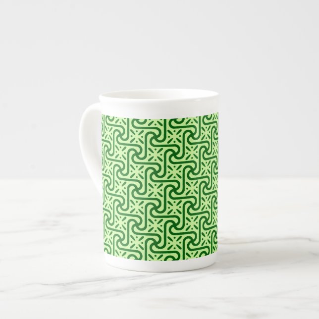 Egyptian tile pattern, emerald and lime green bone china mug (Front Left)