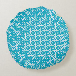 Egyptian tile pattern, turquoise and white round cushion
