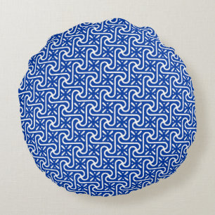 Egyptian tile pattern, white and cobalt blue round cushion