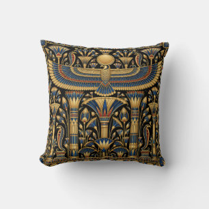 Egyptian Winged Sun Black Gold Lotus Throw Pillow