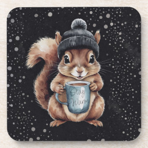Eichhörnchen mit Tasse und Schnee „Stay Warm“ Coaster