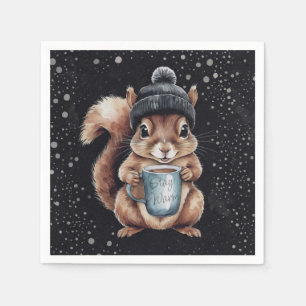 Eichhörnchen mit Tasse und Schnee „Stay Warm“ Napkin