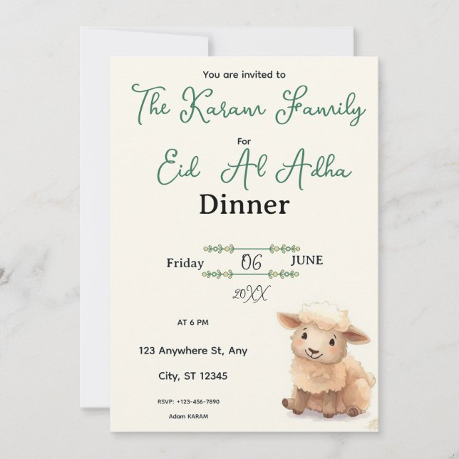 Eid  Al Adha Beige Cute Sheep Party Invitation (Front)