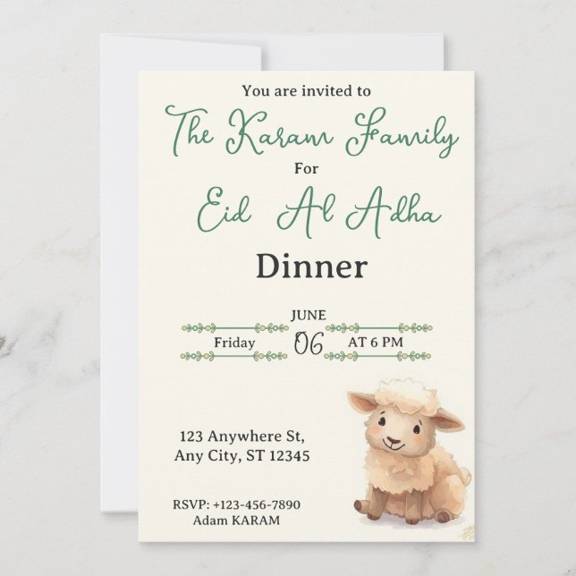 Eid  Al Adha Beige Cute Sheep Party Invitation (Front)