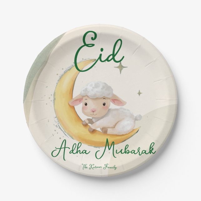 Eid  Al Adha Dusty Green Cute  Sheep Dinner  Paper Plate (Front)