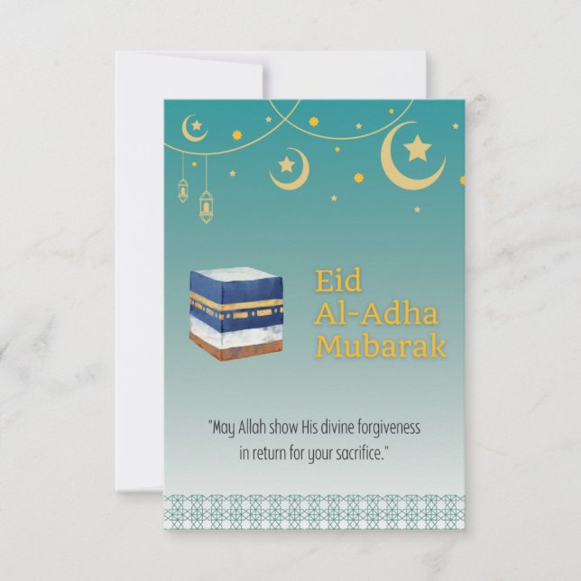 Eid Al-Adha Mubarak Card in Blue and Ka'bah Image (Front)