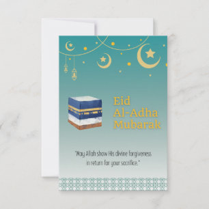 Eid Al-Adha Mubarak Card in Blue and Ka'bah Image