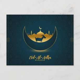 Eid al Adha Mubarak Goat Crescent Mosque Patterned Holiday Postcard