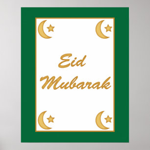 Eid al Fitr Eid Mubarak Green Gold Moon Stars Poster