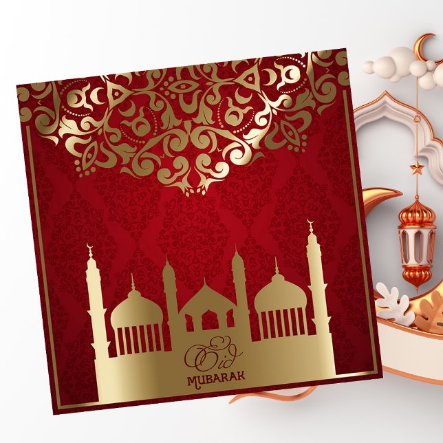 Eid al Fitr Mubarak Mosque Gold Pattern Red Holiday Card (Creator Uploaded)