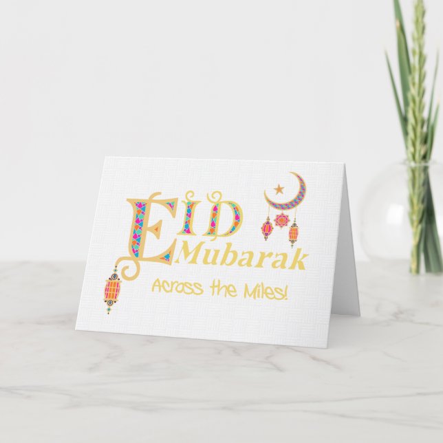 Eid  Mubarak Across the Miles Lanterns Moon Stars Card (Front)